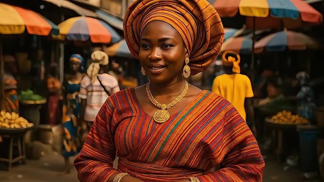Smiling African Woman in Traditional Attire at Vibrant Outdoor Market