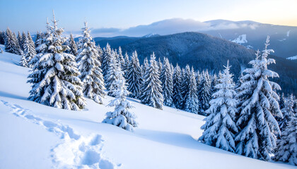 Picturesque Winter Landscape Featuring Snow Covered Evergreen Trees Under Clear Blue Sky