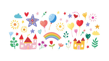 Whimsical Castle Balloons Stars Flowers Rainbows vector