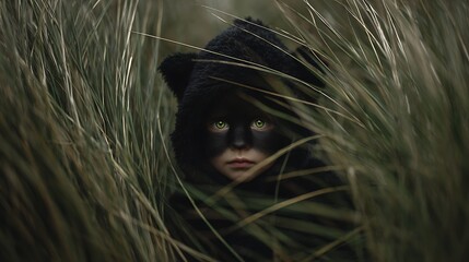 Child with black paint and bear hat peeking through tall grass with bright green eyes staring out halloween art