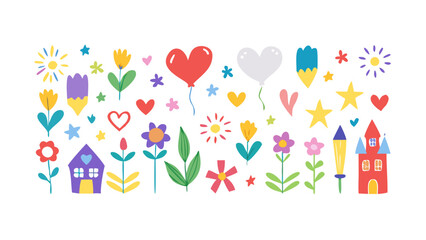 Whimsical Flowers Hearts Stars and Houses Collection balloons