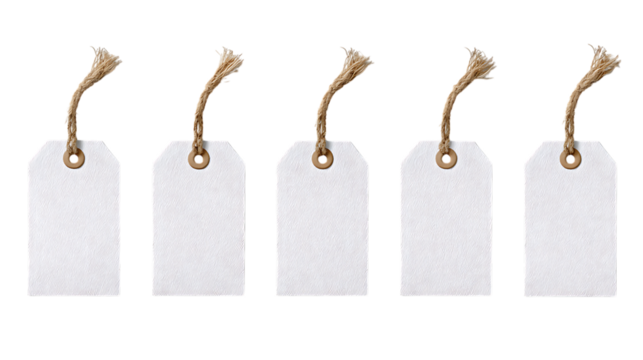 Five blank paper tags with string isolated on transparent background.