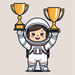 A playful astronaut with a wide grin, holding a trophy decorated with planets, surrounded by cheerful cartoon robots giving high-fives in a futuristic space setting.
