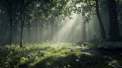Obraz premium Enchanting forest scene with sunbeams filtering through the trees