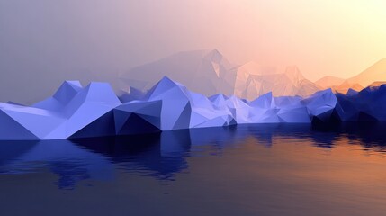Low-poly mountain range reflecting on water
