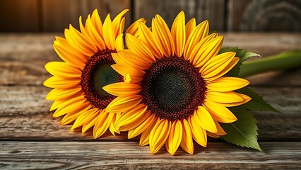 Sunflower arrangement on a rustic wooden surface bathed in warm natural light, evoking summer tranquility.
