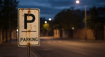 Gritty urban scene featuring a weathered and rusty parking sign on a deserted street at night with atmospheric bokeh lights