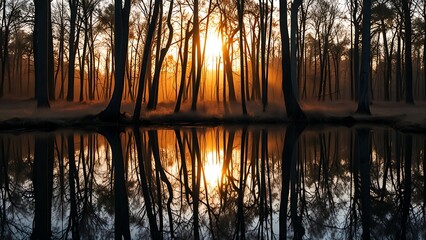 A serene forest scene reflected perfectly in still water, illuminated by golden sunlight filtering through trees.