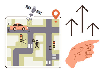 GPS marking car, pedestrian at signalized road crossing, wireless signals, satellite, hand with upward arrows. Ideal for navigation, traffic system, technology, GPS smart city safety planning