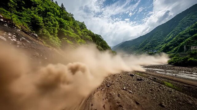 Powerful mudslide cascading down a mountainside, natural disaster in action.