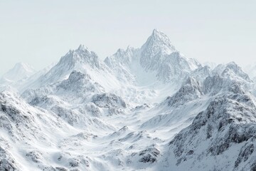 Obraz premium Snowy mountain range panorama. Vast, pristine peaks covered in a thick layer of snow, stretching into a pale, light sky. Sharp, rugged peaks and valleys. A cold, serene, and majestic view