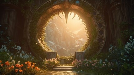 A sunlit portal to a mountain valley