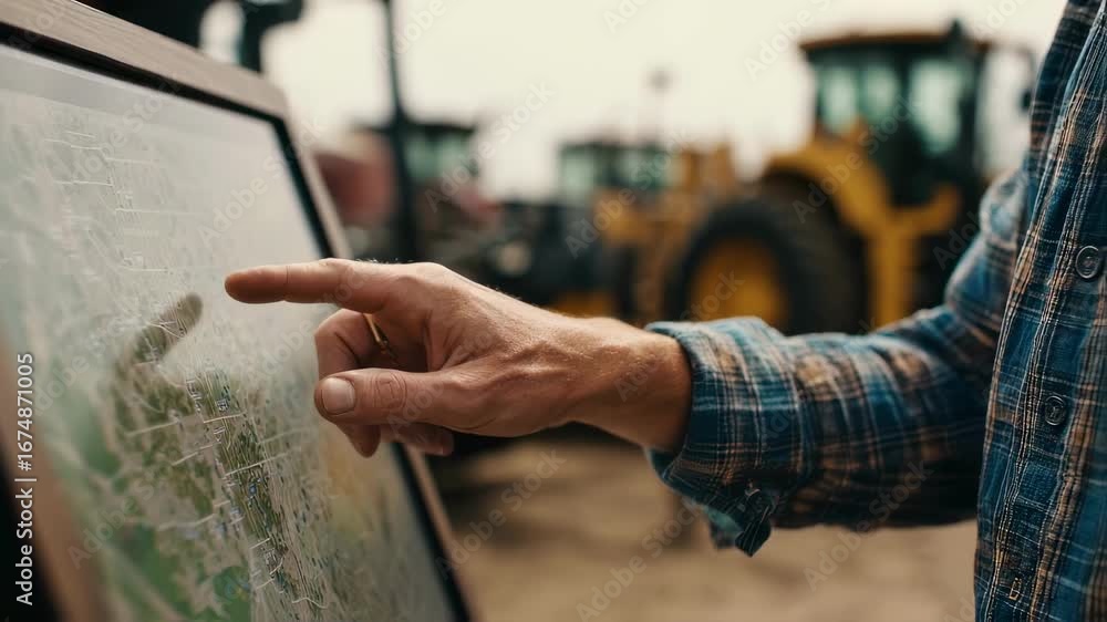 Poster medium shot of an agronomist explaining yield maps on a screen focus on hand gestures with blurred f