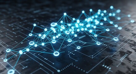 Obraz premium Digital Network Representation with Glowing Nodes and Connections on Circuitry Background