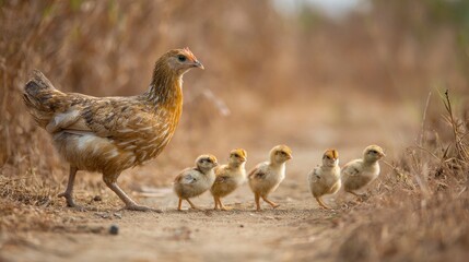 Obraz premium Hen and chicks on farm path