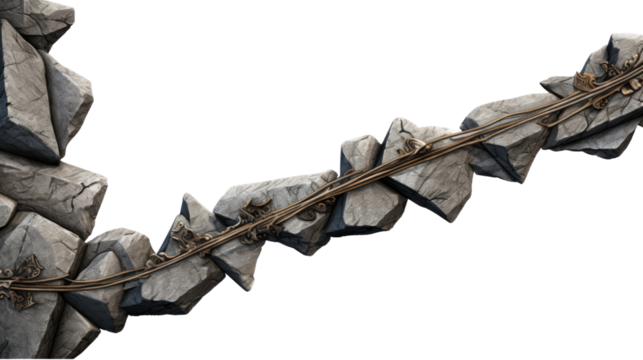 Fantasy stone bridge with ornate metallic railings connecting rocky cliffs in ancient style isolated on white background