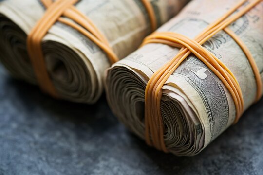 Two rolls of paper money secured with rubber bands on a dark surface.
