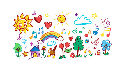 Cheerful doodle art with sun rainbow and music notes