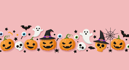 Halloween themed horizontal banner with jack-o'-lanterns, ghosts, bats, and other spooky decorations.