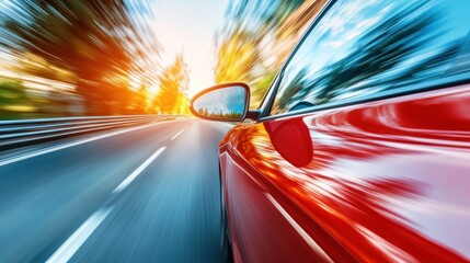 Red car driving fast on road with motion blur