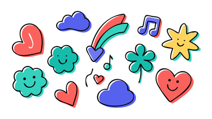 Cheerful icons with hearts and clouds star music notes