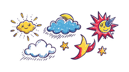 Cheerful weather icons with sun clouds and stars moon