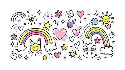 Cheerful rainbow doodles with hearts and stars vector