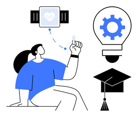 Woman interacts with wearable tech and icons of innovation, education, and growth. Ideal for technology, healthcare, learning, creativity, progress digital trends self-improvement. Simple flat