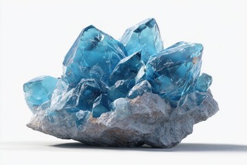 A cluster of vibrant blue crystals, seemingly frozen, rests on a light gray stone base