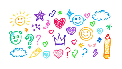Colorful crayon doodles of happy faces and symbols