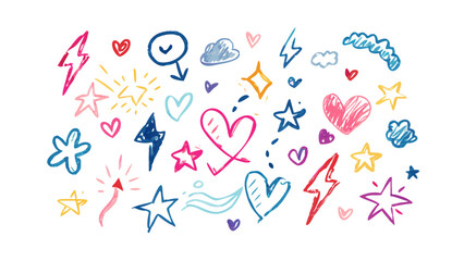 Colorful hand drawn doodles hearts stars lightning