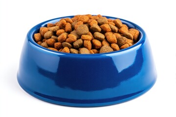 Dog food in a blue bowl, isolated on white