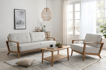 Contemporary Scandinavian living room with minimalist furniture and natural light