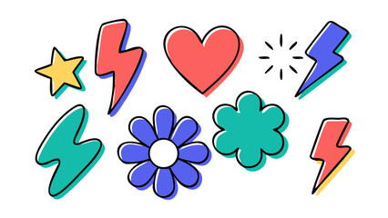 Colorful retro shapes and symbols star lightning bolt
