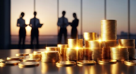 Money stacks and business people