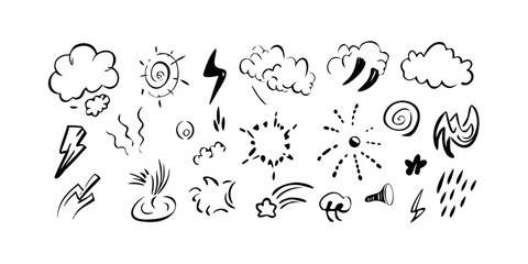 Naklejka premium Comic weather and action doodles lightning clouds