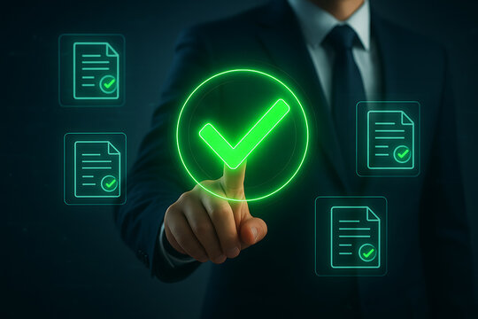 A professional is using a digital screen to approve multiple official documents, showing a successful verification process with a big check mark
