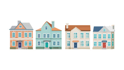 Four colorful houses with windows and doors buildings