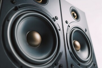 Closeup View of Two Black Speakers with Golden Accents in a Studio Setting