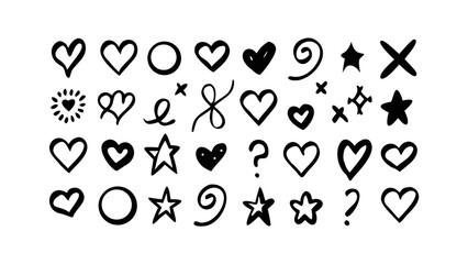 Hand Drawn Hearts Stars and Swirls circles