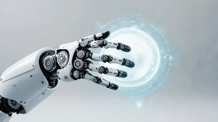 Futuristic robot arm interacts with glowing energy