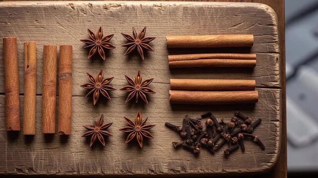 Arrangement of cinnamon sticks star anise and cloves on wooden board