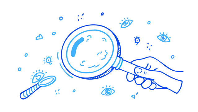 Hand holding magnifying glass with eyes blue doodle