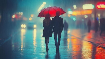 A couple walks through a rainy city night, holding hands under a red umbrella.  Silhouettes of people in the urban setting create a romantic and atmospheric scene