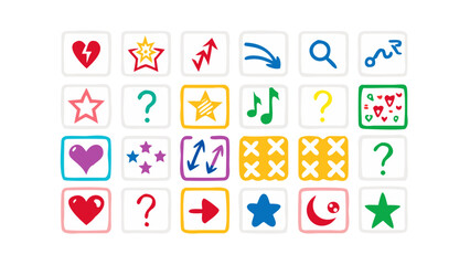 Fototapeta premium Icons of hearts stars questions music arrows and symbols