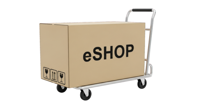 Box labeled "eSHOP" on a metal hand truck against a black background