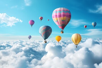 Naklejka premium Colorful Hot Air Balloons Flying Above White Clouds in a Blue Sky Landscape