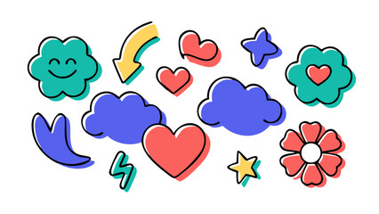 Playful cartoon shapes with vibrant colors icons