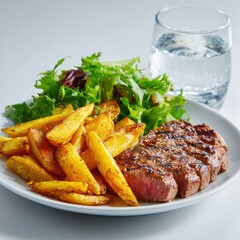 Grilled steak, potatoes, salad, water; healthy meal
