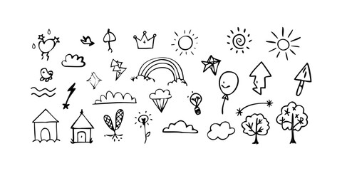 Playful doodle icons of weather and nature vector